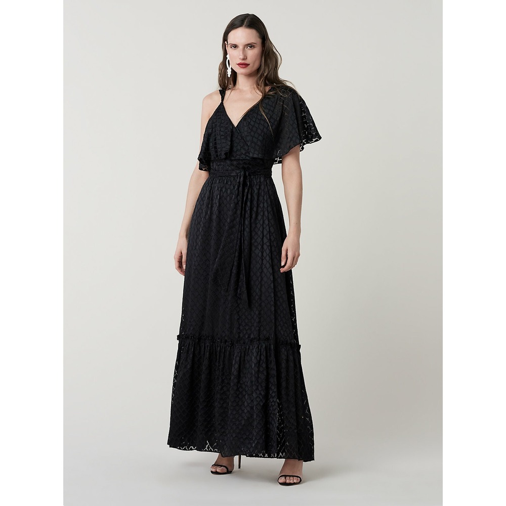 Diane Von Furstenberg Ella Ruffled Maxi Wrap Dress Size Medium Black DVF $798